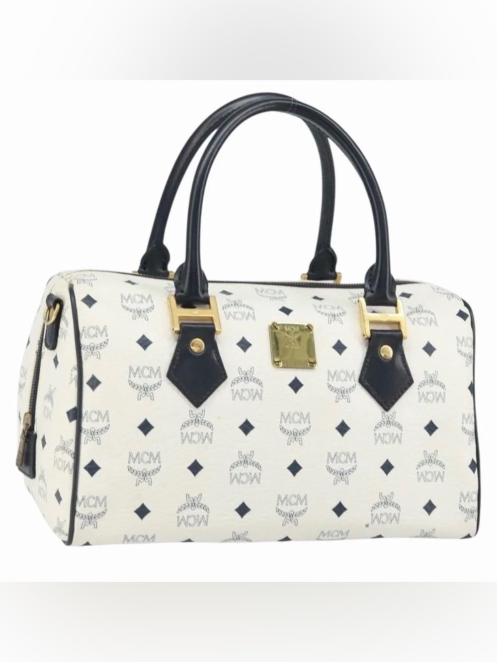 MCM White and Black Logo Satchel with Gold Hardware